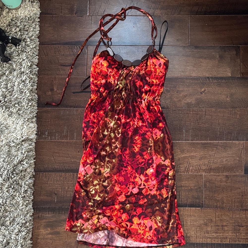 B. Smart Red and Brown Abstract Halter Dress